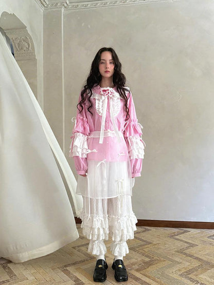 Daytoday Fairy Tale Lace Trim Floral Print Blouse V Neck T Shirt Long Sleeve