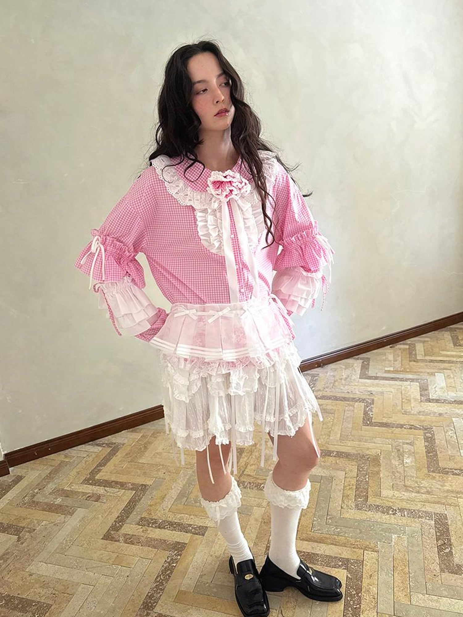Daytoday Fairy Tale Lace Trim Floral Print Blouse V Neck T Shirt Long Sleeve
