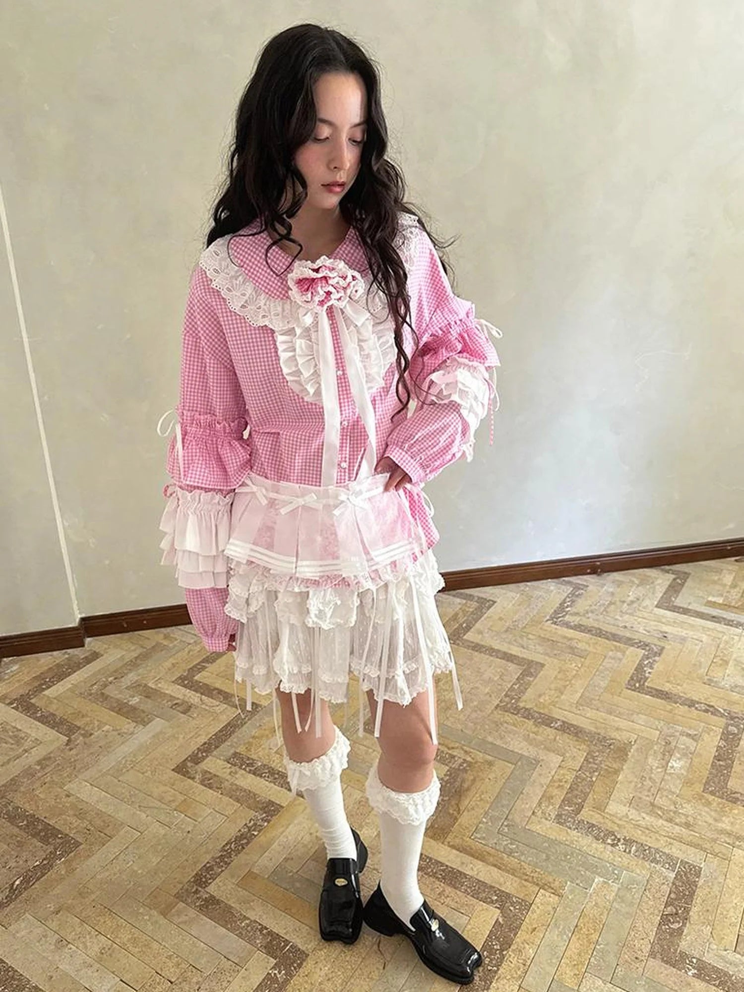 Fairy Tale Lace Trim Floral Print Blouse V Neck T Shirt Long Sleeve