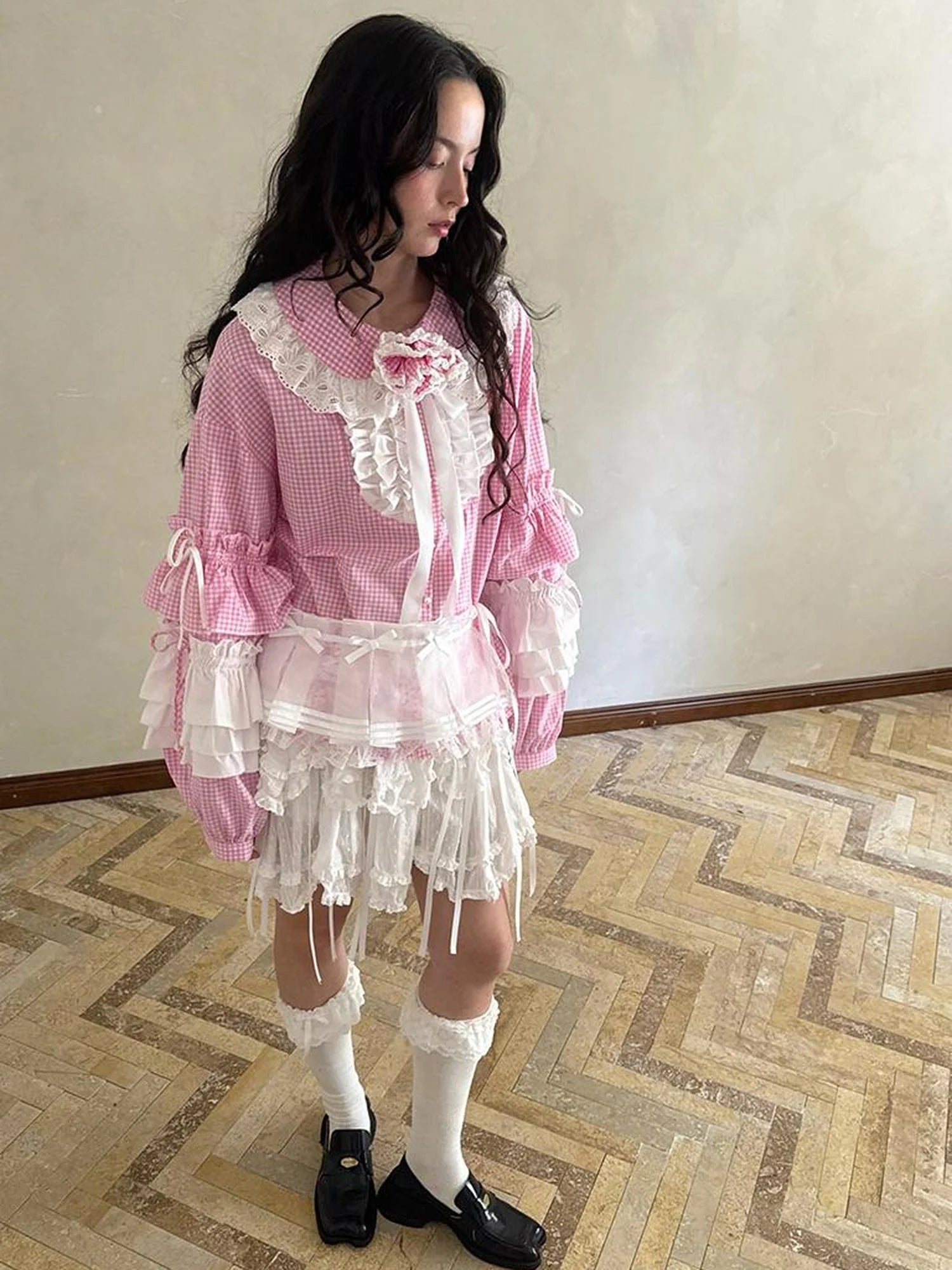 Fairy Tale Lace Trim Floral Print Blouse V Neck T Shirt Long Sleeve