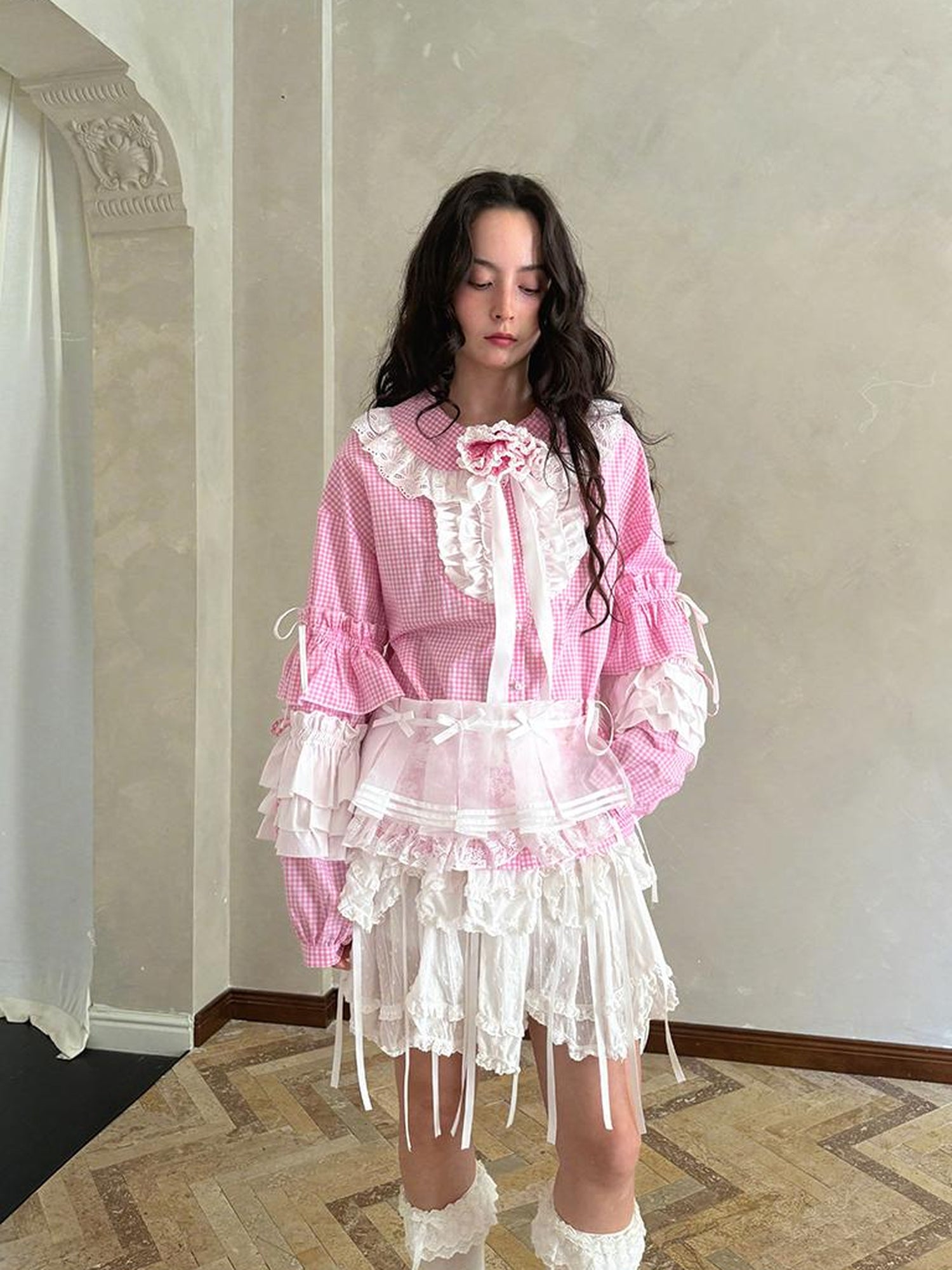 Daytoday Fairy Tale Lace Trim Floral Print Blouse V Neck T Shirt Long Sleeve