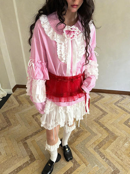 Daytoday Fairy Tale Lace Trim Floral Print Blouse V Neck T Shirt Long Sleeve