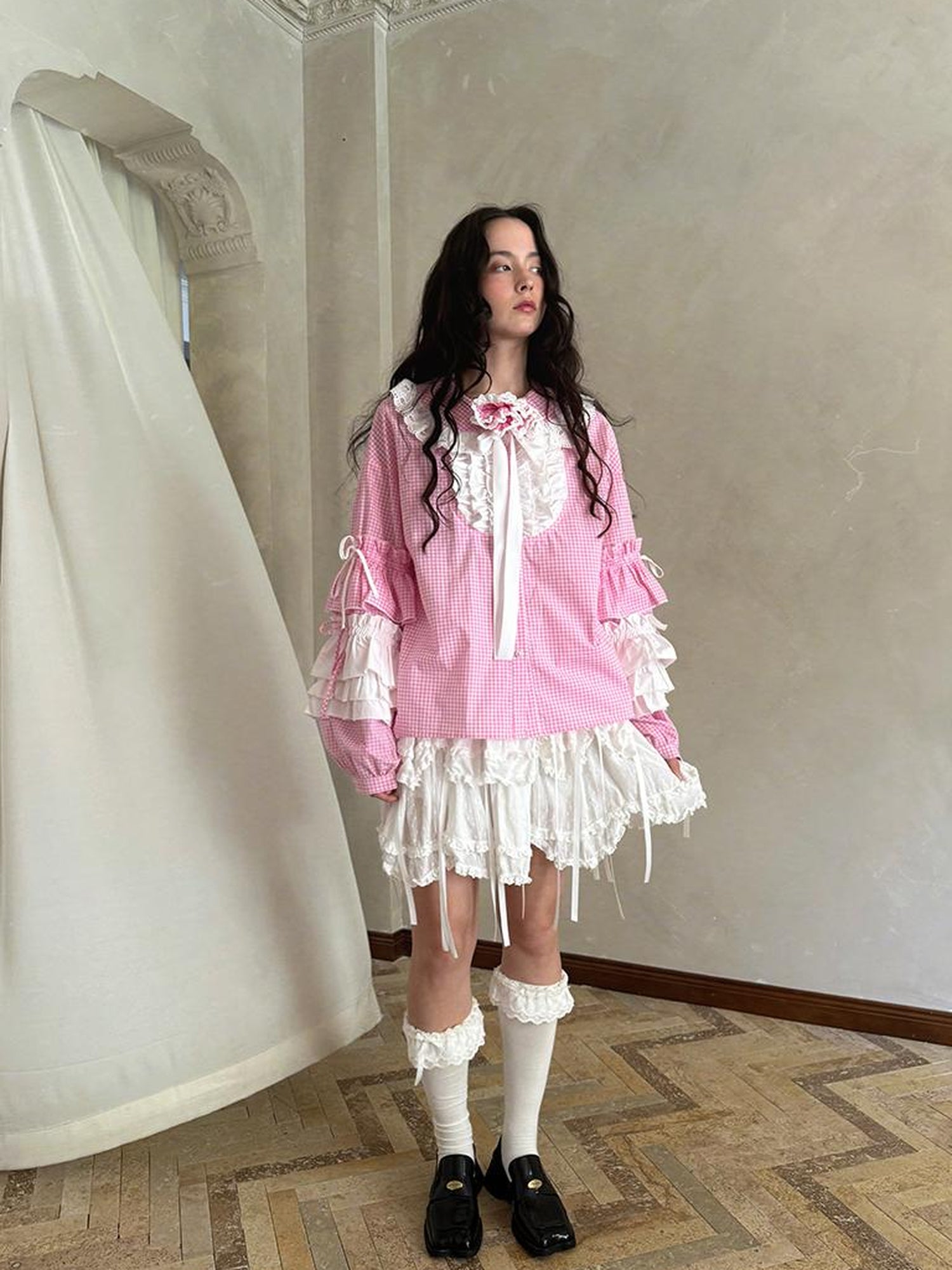 Daytoday Fairy Tale Lace Trim Floral Print Blouse V Neck T Shirt Long Sleeve