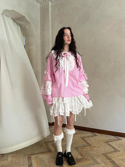Daytoday Fairy Tale Lace Trim Floral Print Blouse V Neck T Shirt Long Sleeve