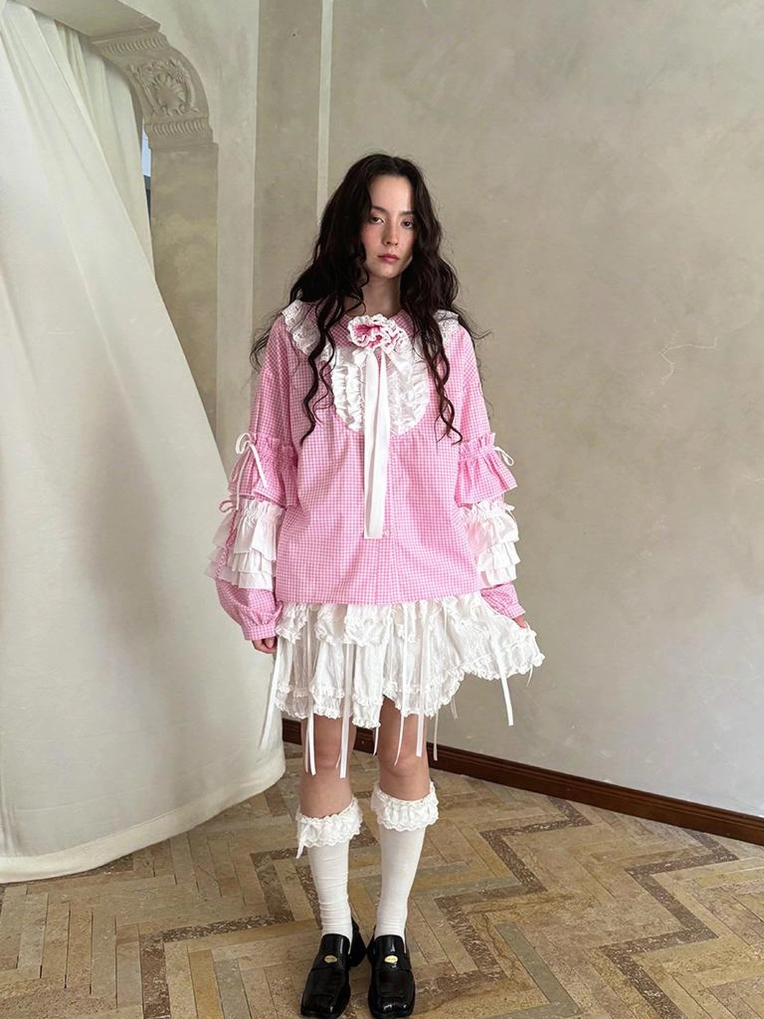 Fairy Tale Lace Trim Floral Print Blouse V Neck T Shirt Long Sleeve