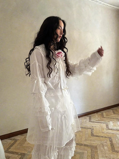 Fairy Tale Lace Trim Floral Print Blouse V Neck T Shirt Long Sleeve