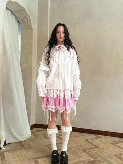 Fairy Tale Lace Trim Floral Print Blouse V Neck T Shirt Long Sleeve