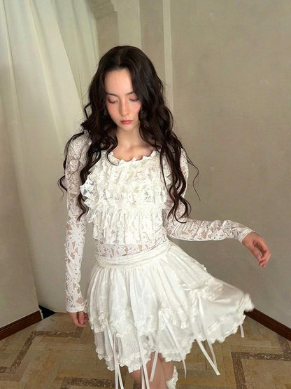 Daytoday Fairy Tale Lace Trim Stretch Top Long Sleeve Sun Protection Layering V-neck T-shirt