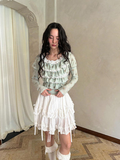 Daytoday Fairy Tale Lace Trim Stretch Top Long Sleeve Sun Protection Layering V-neck T-shirt
