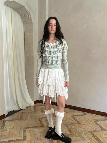 Daytoday Fairy Tale Lace Trim Stretch Top Long Sleeve Sun Protection Layering V-neck T-shirt