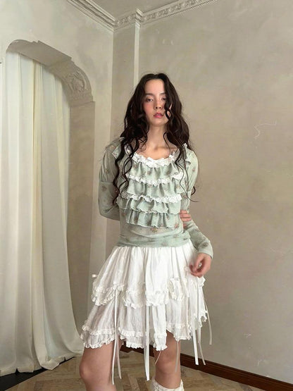 Daytoday Fairy Tale Lace Trim Stretch Top Long Sleeve Sun Protection Layering V-neck T-shirt