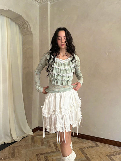 Daytoday Fairy Tale Lace Trim Stretch Top Long Sleeve Sun Protection Layering V-neck T-shirt