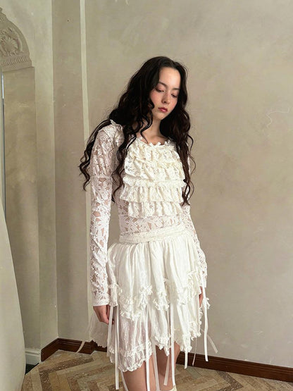 Daytoday Fairy Tale Lace Trim Stretch Top Long Sleeve Sun Protection Layering V-neck T-shirt