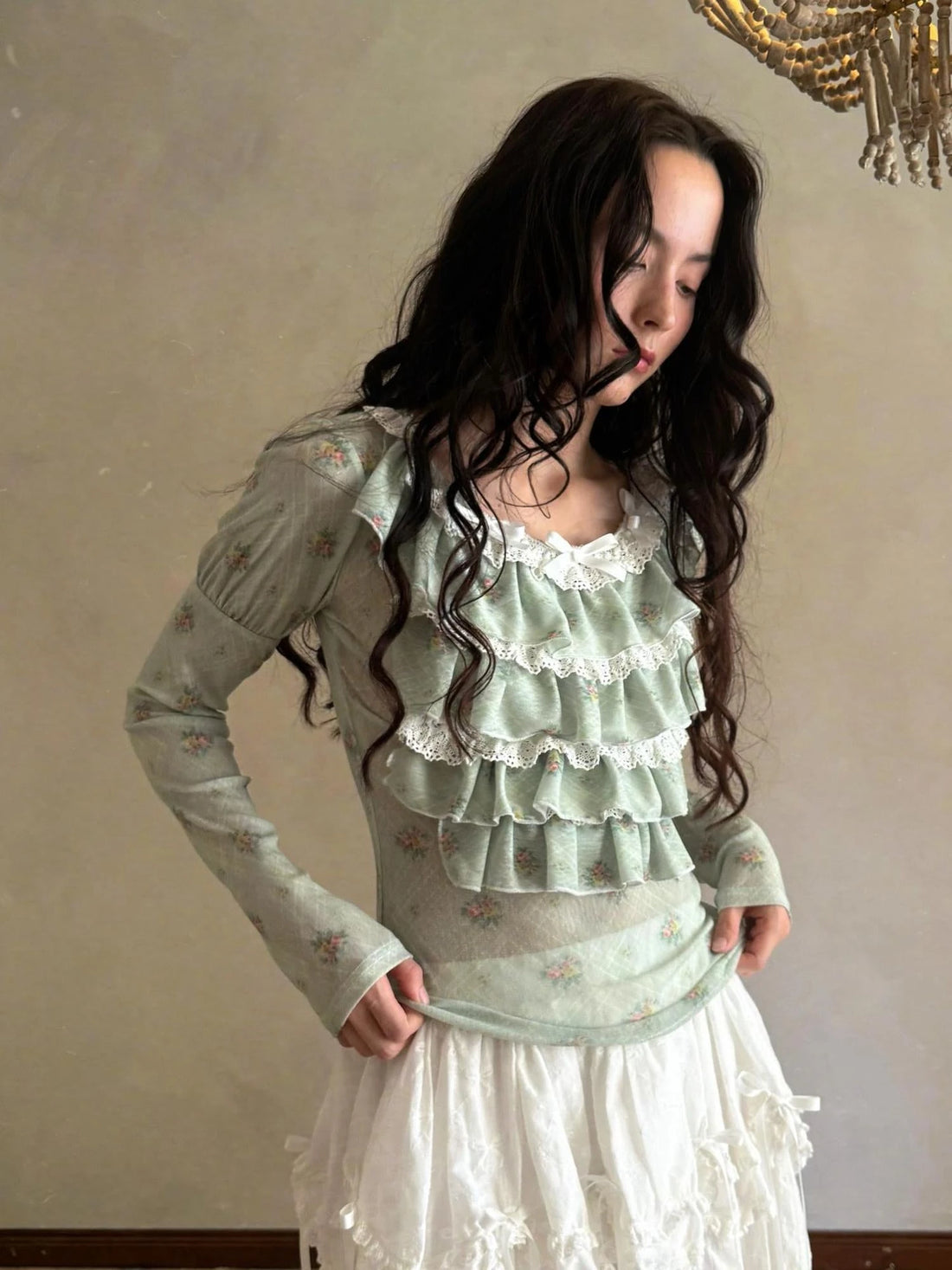 Fairy Tale Lace Trim Stretch Top Long Sleeve Sun Protection Layering V-neck T-shirt