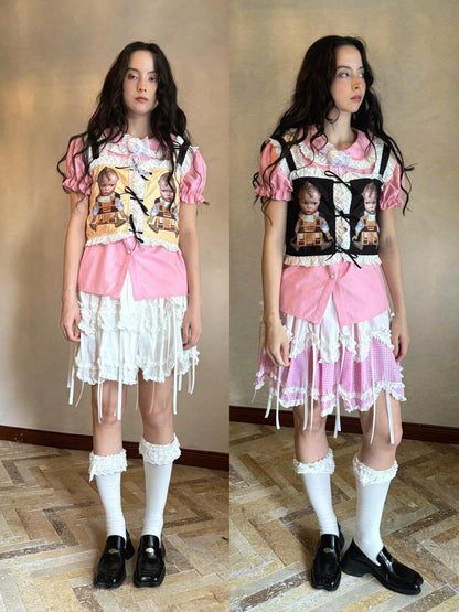 Daytoday Fairy Tale Print Lace Bow Vest