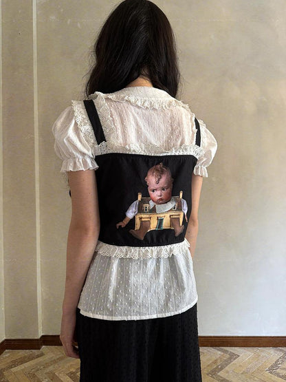 Daytoday Fairy Tale Print Lace Bow Vest