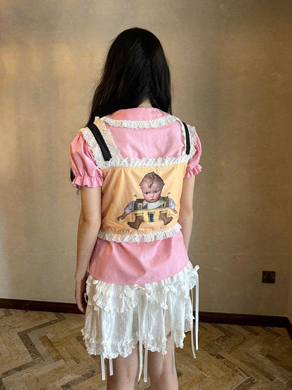 Daytoday Fairy Tale Print Lace Bow Vest