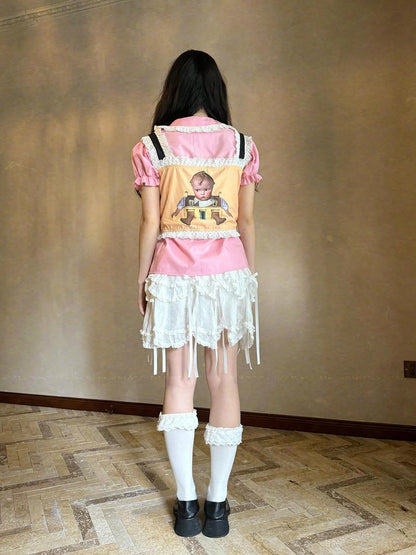 Fairy Tale Print Lace Bow Vest