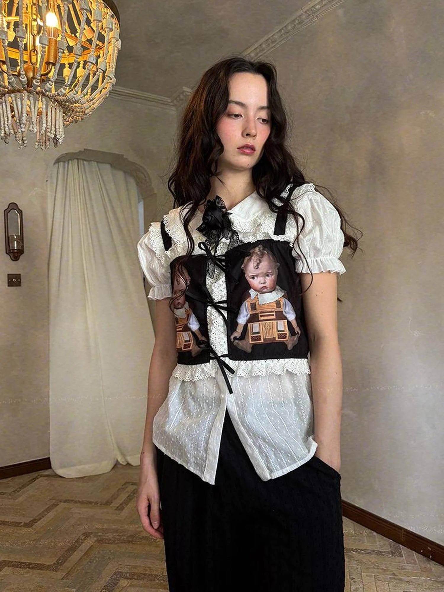 Fairy Tale Print Lace Bow Vest