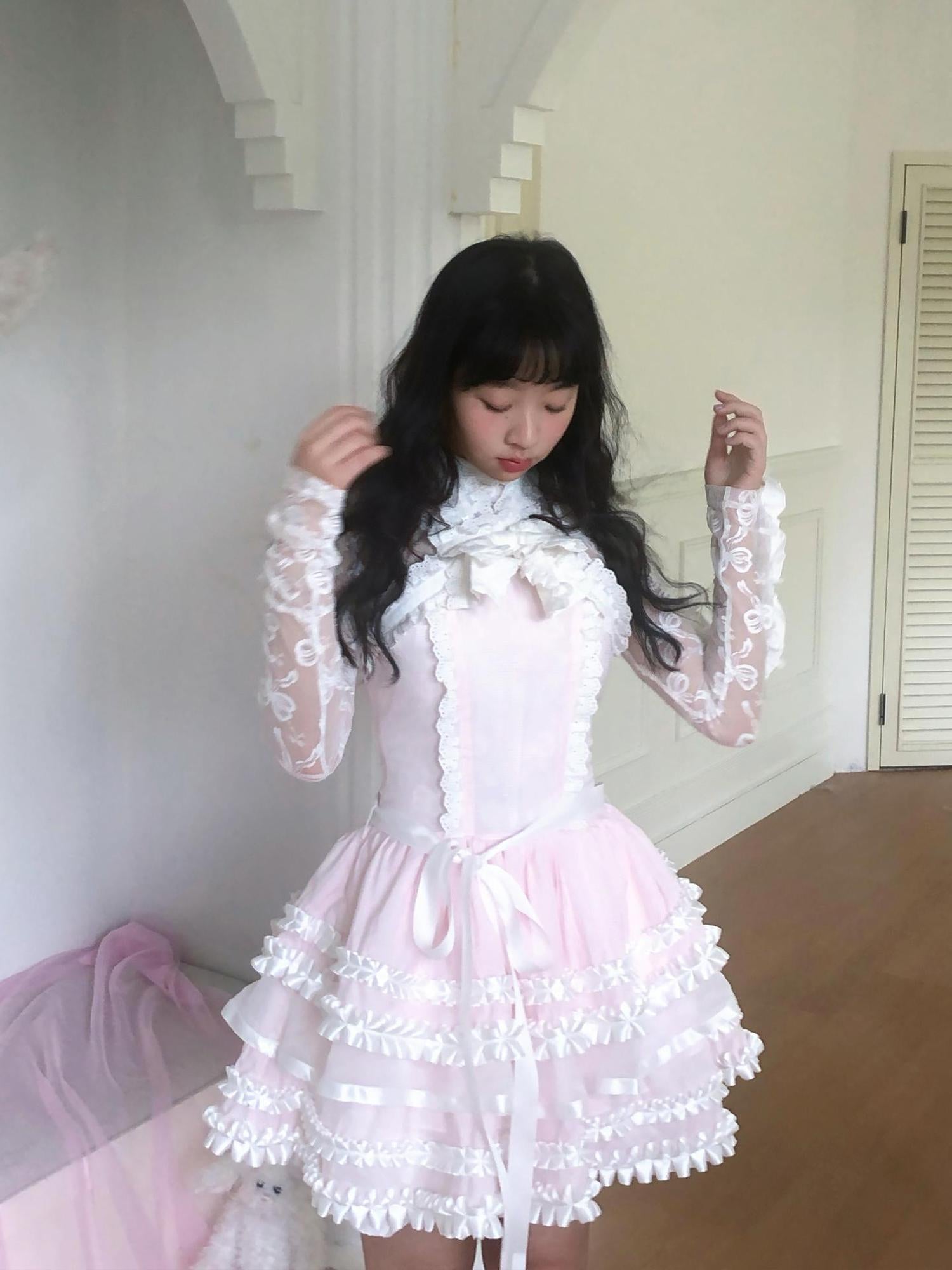 Daytoday Fairytale Ruffled Lace Bow Dress V Neck T Shirt Long Sleeve