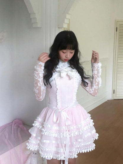 Daytoday Fairytale Ruffled Lace Bow Dress V Neck T Shirt Long Sleeve