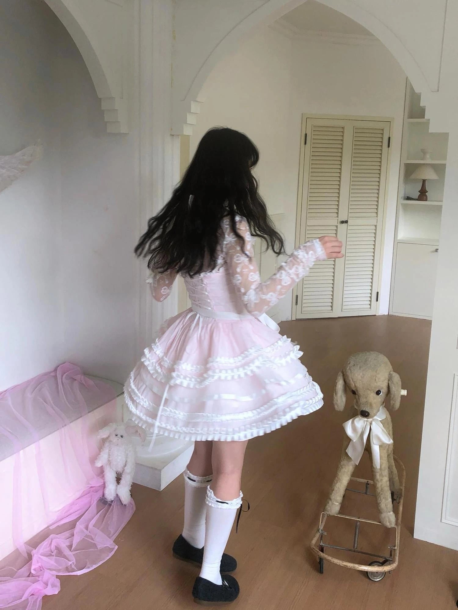 Fairytale Ruffled Lace Bow Dress V Neck T Shirt Long Sleeve