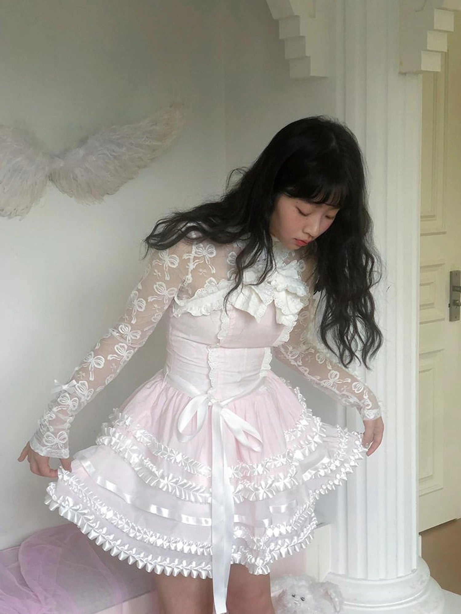 Fairytale Ruffled Lace Bow Dress V Neck T Shirt Long Sleeve