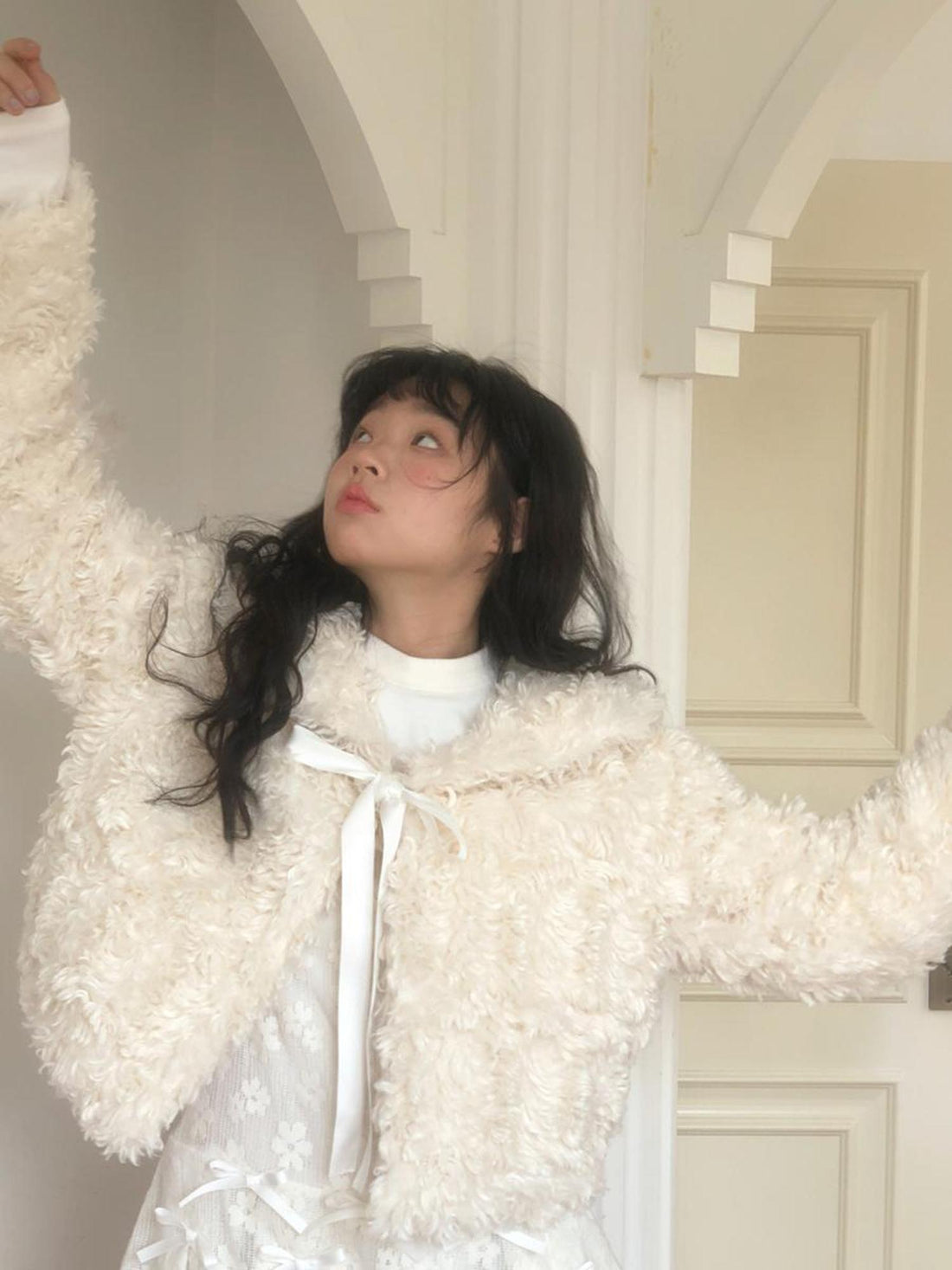 Daytoday Faux Fur Bow Tie Short Coat