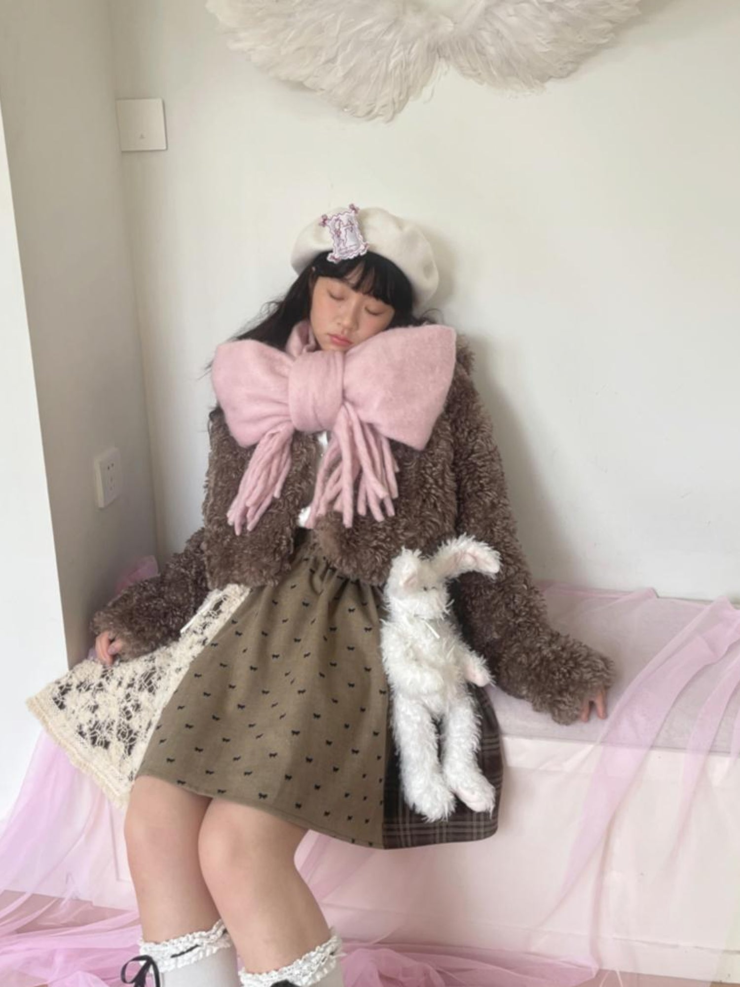 Daytoday Faux Fur Bow Tie Short Coat