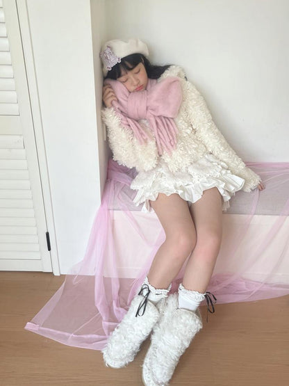 Daytoday Faux Fur Bow Tie Short Coat