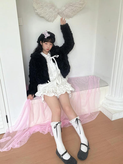 Daytoday Faux Fur Bow Tie Short Coat