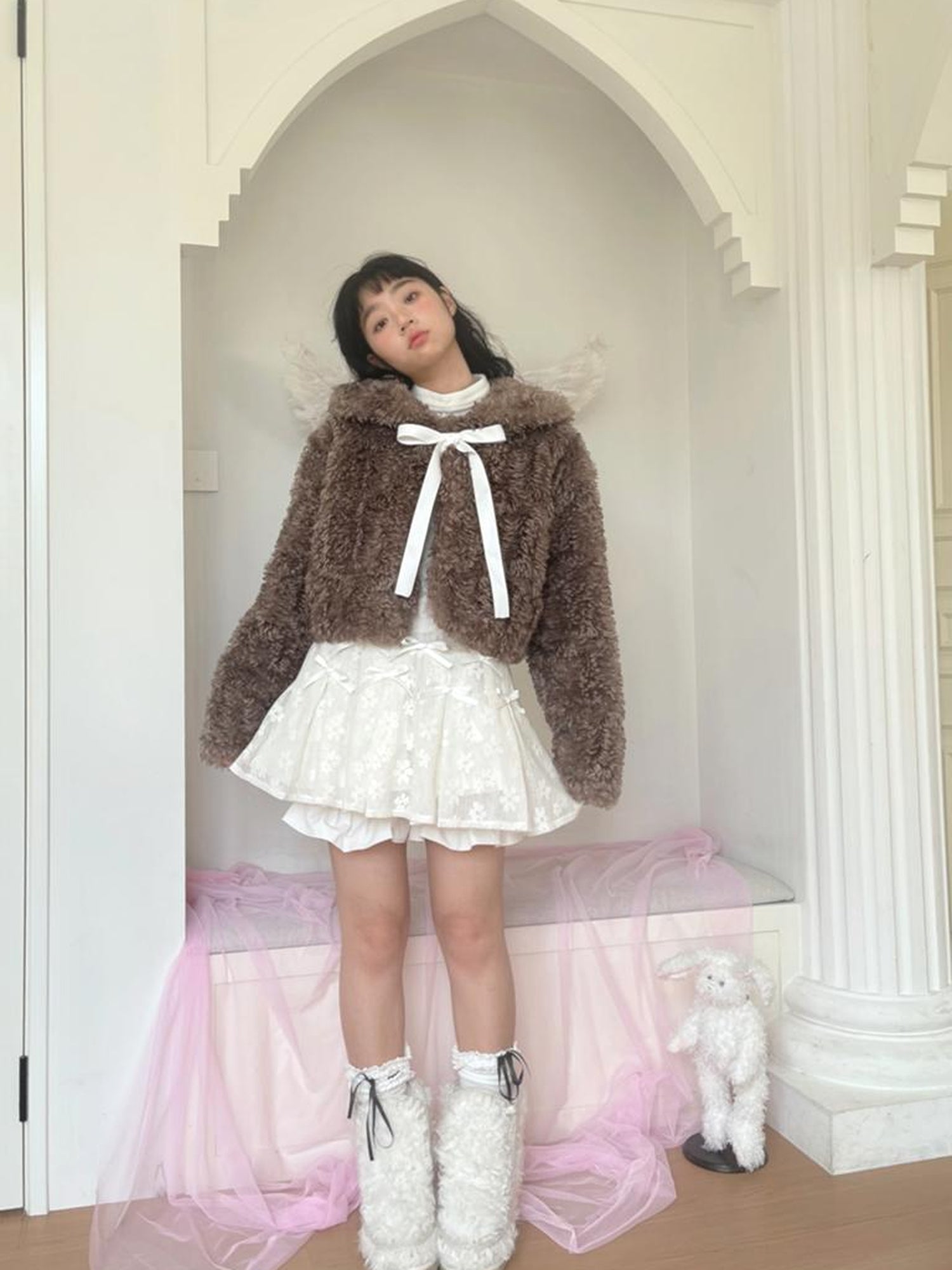 Daytoday Faux Fur Bow Tie Short Coat