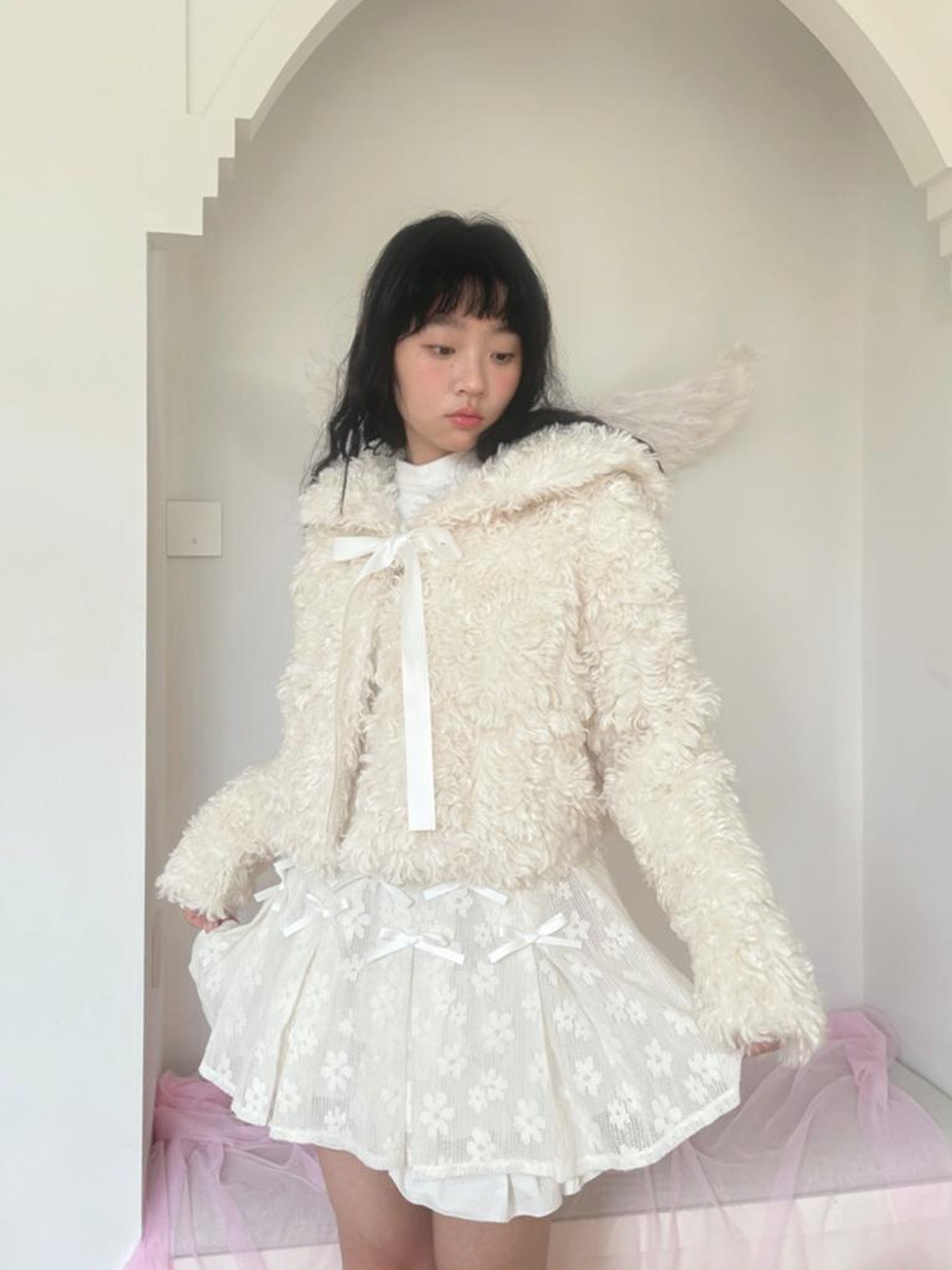 Daytoday Faux Fur Bow Tie Short Coat
