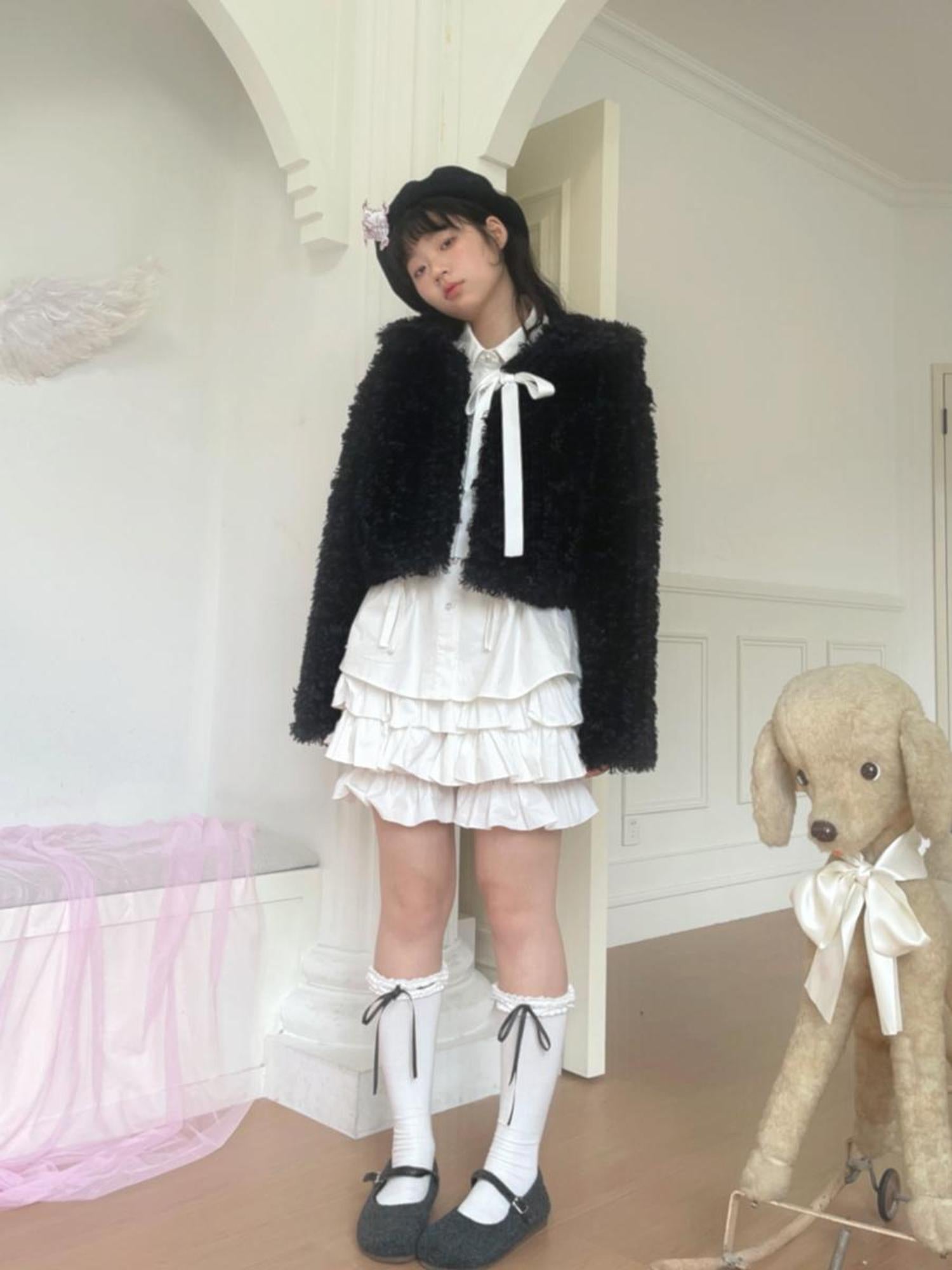 Daytoday Faux Fur Bow Tie Short Coat