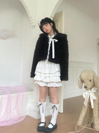 Daytoday Faux Fur Bow Tie Short Coat