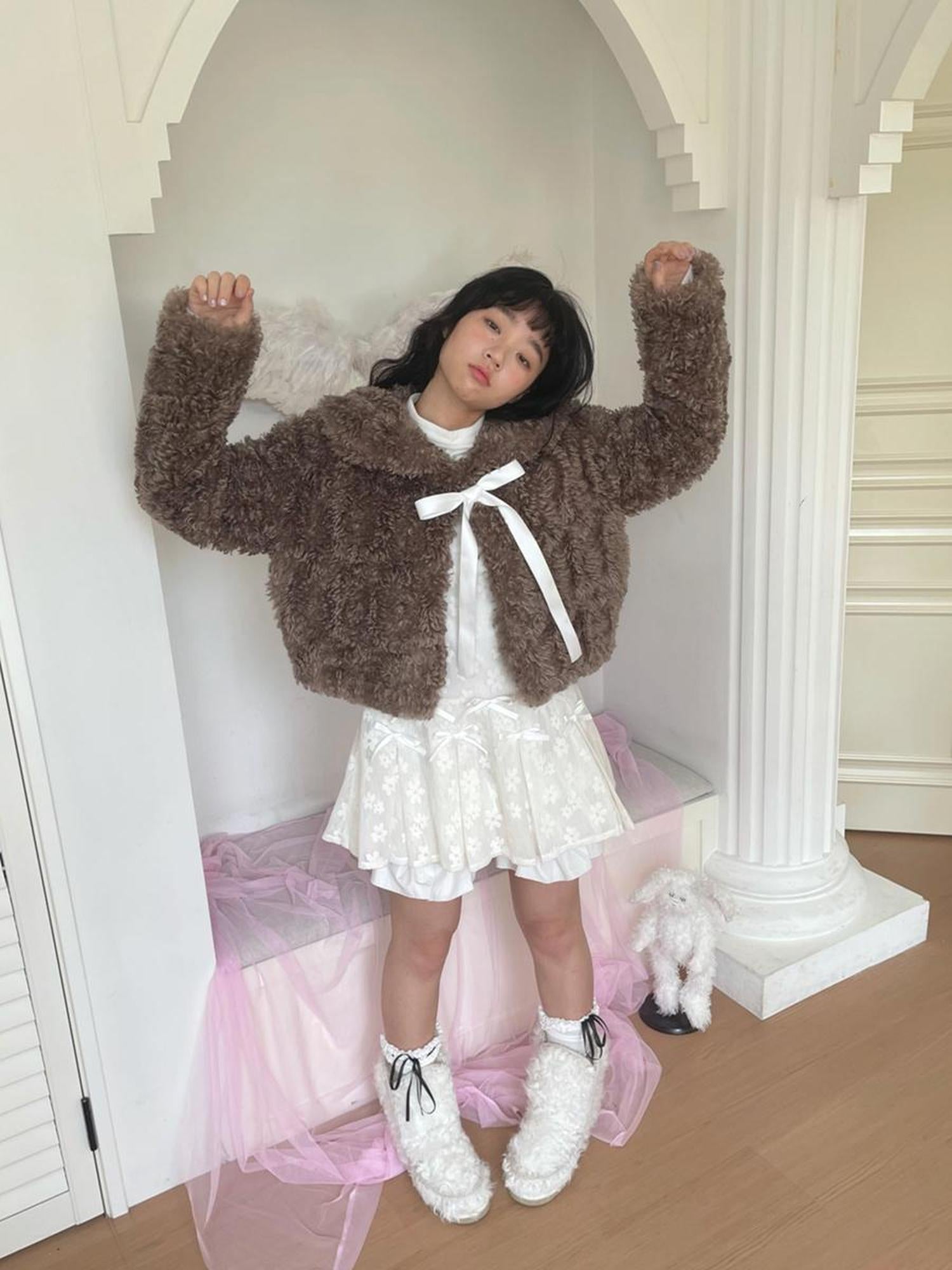 Daytoday Faux Fur Bow Tie Short Coat