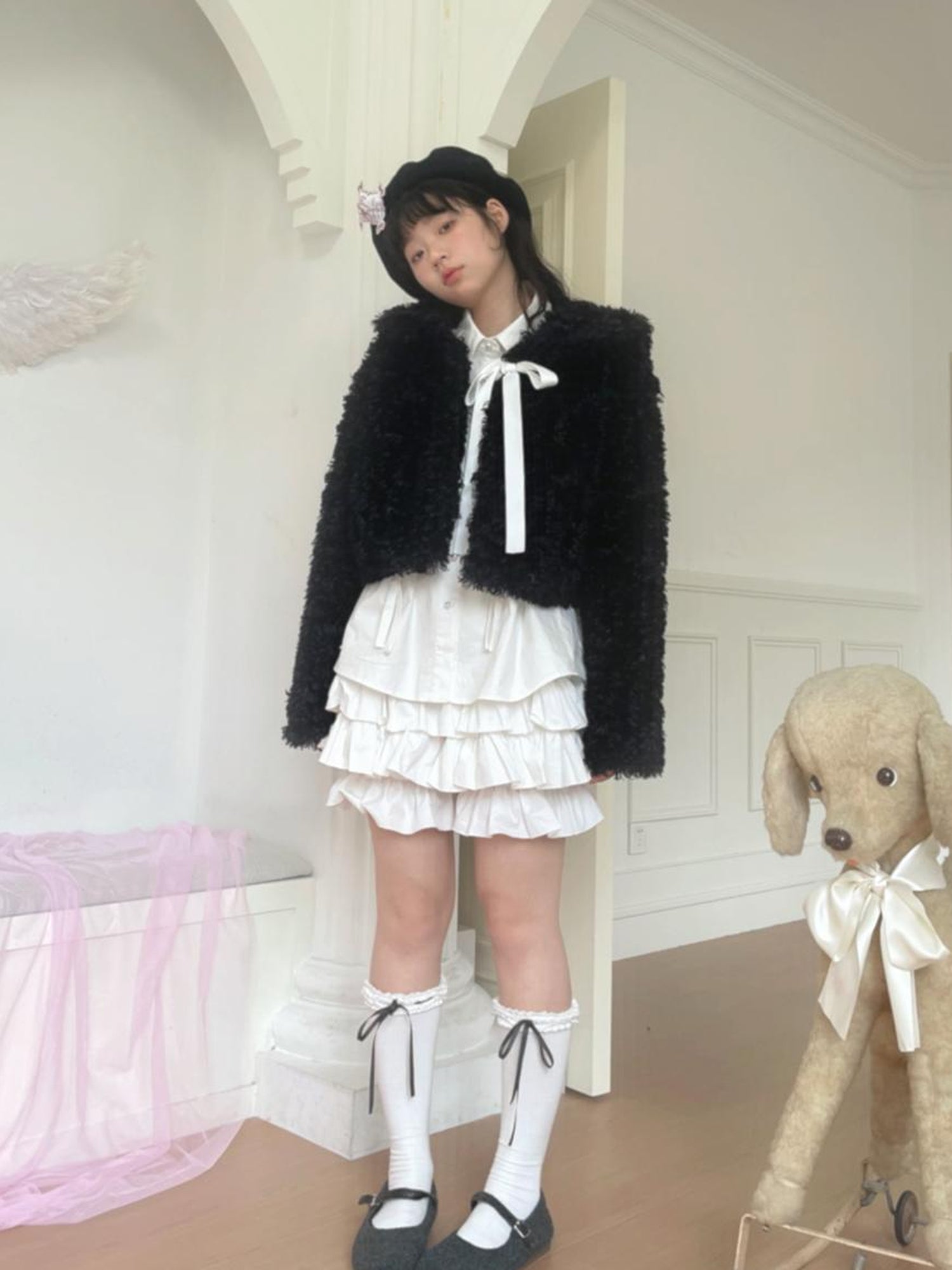 Daytoday Faux Fur Bow Tie Short Coat