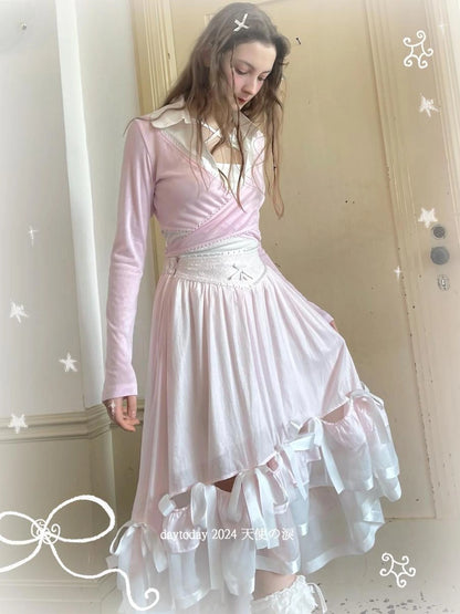 Floral Lace Bow Detail High Waist Midi Skirt