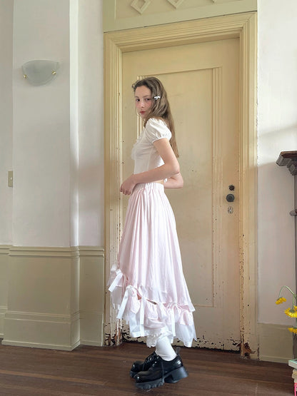 Floral Lace Bow Detail High Waist Midi Skirt