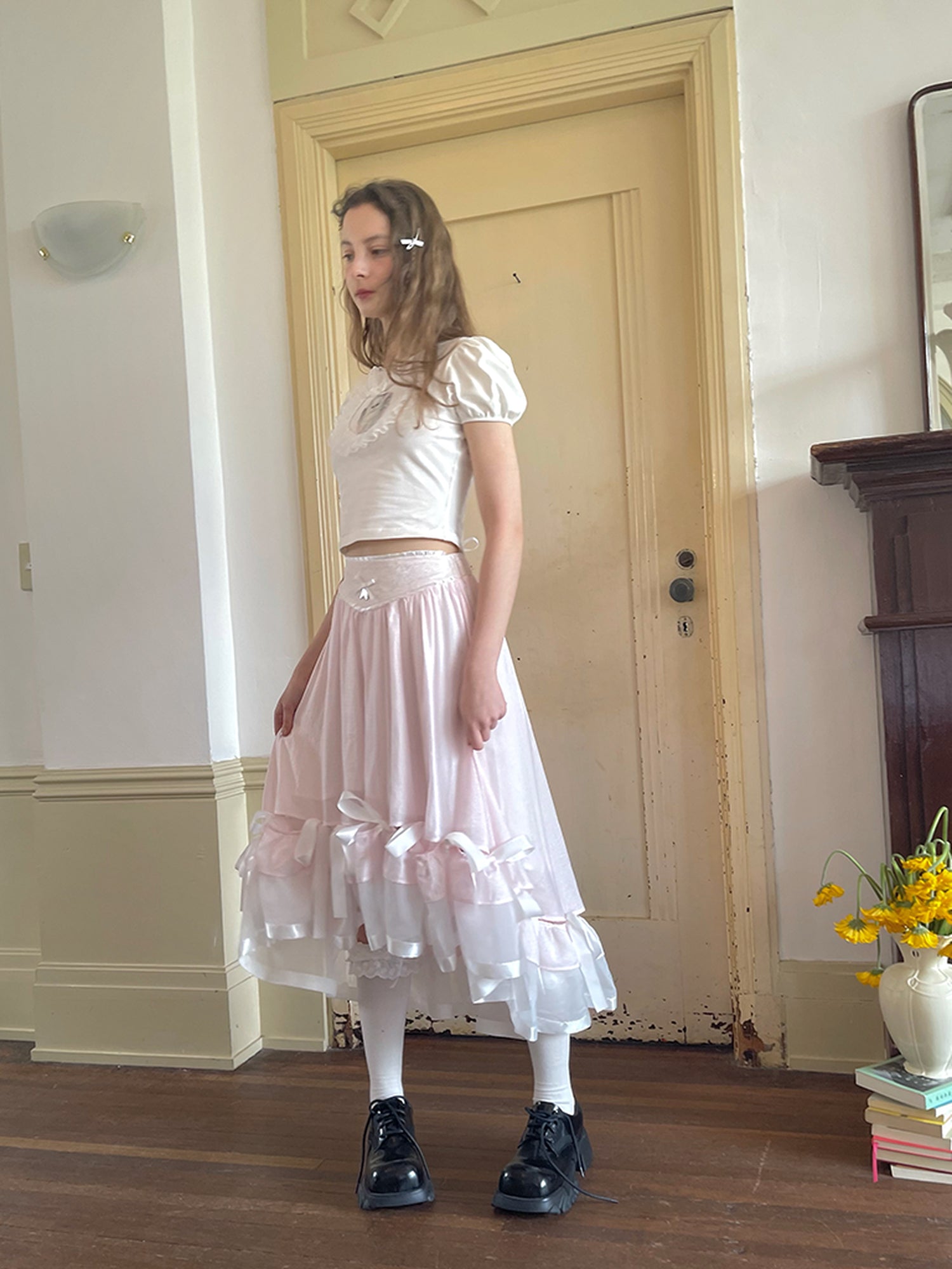 Daytoday Floral Lace Bow Detail High Waist Midi Skirt