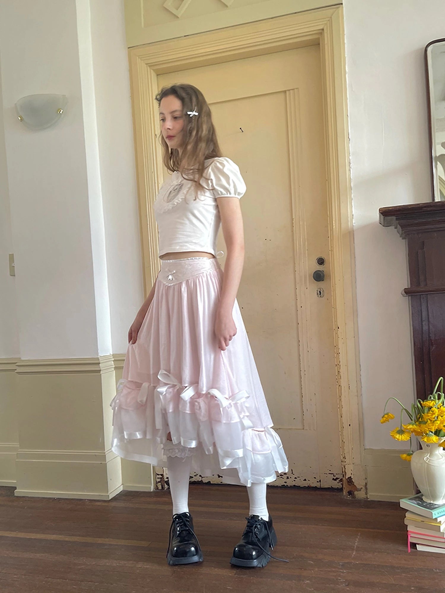 Floral Lace Bow Detail High Waist Midi Skirt