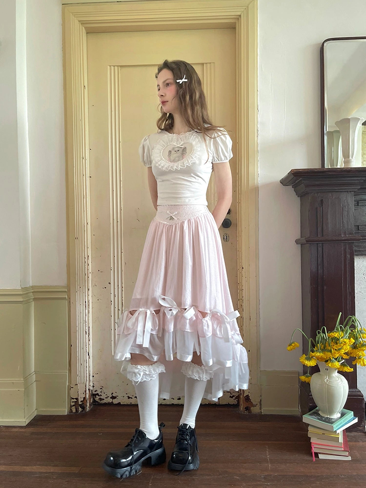 Floral Lace Bow Detail High Waist Midi Skirt