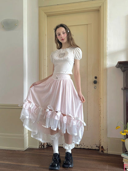 Floral Lace Bow Detail High Waist Midi Skirt