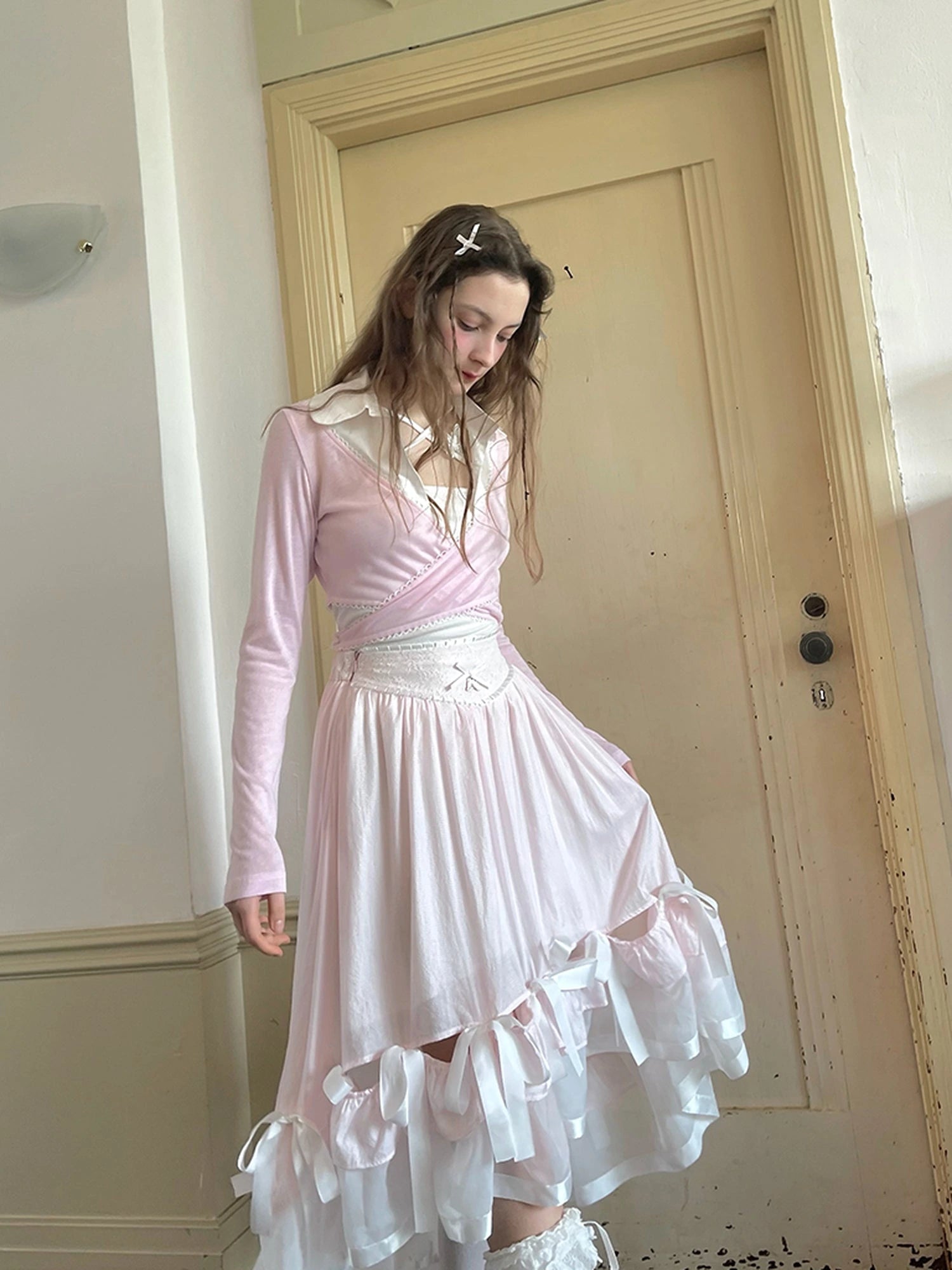 Floral Lace Bow Detail High Waist Midi Skirt