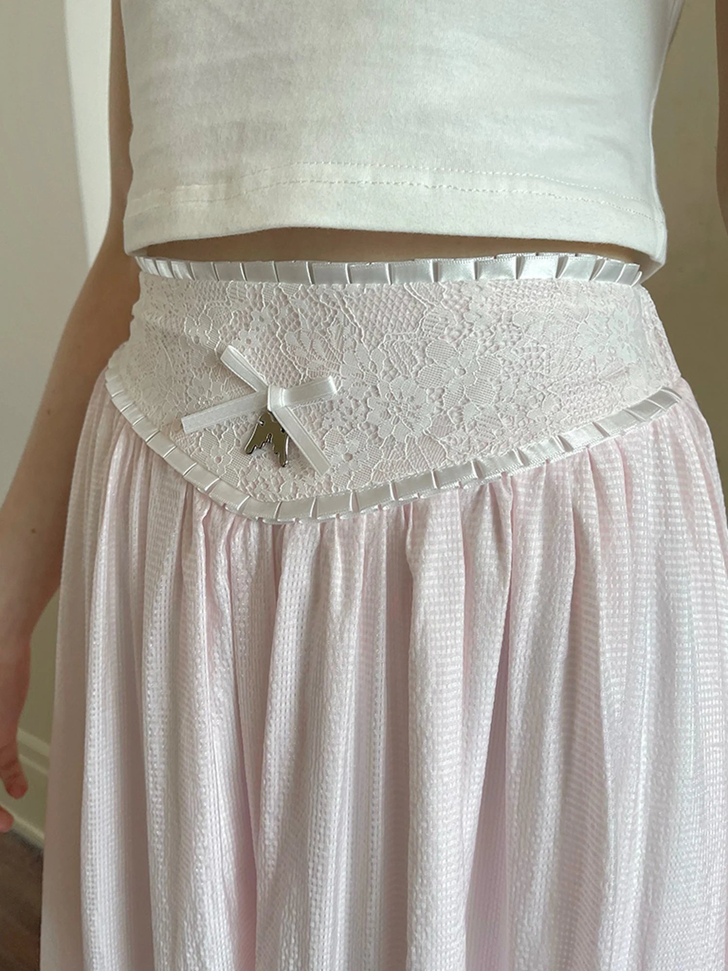 Floral Lace Bow Detail High Waist Midi Skirt