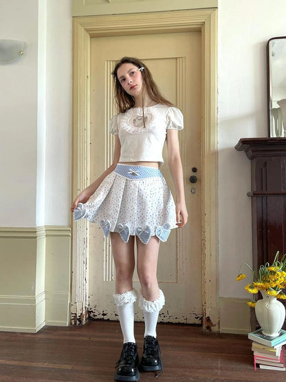 Floral Lace Pleated Mini Skirt With Angel Tears Print
