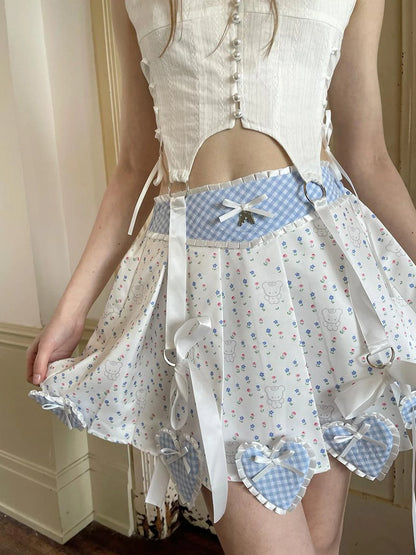 Floral Lace Pleated Mini Skirt With Angel Tears Print