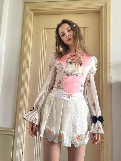 Floral Lace Pleated Mini Skirt With Angel Tears Print