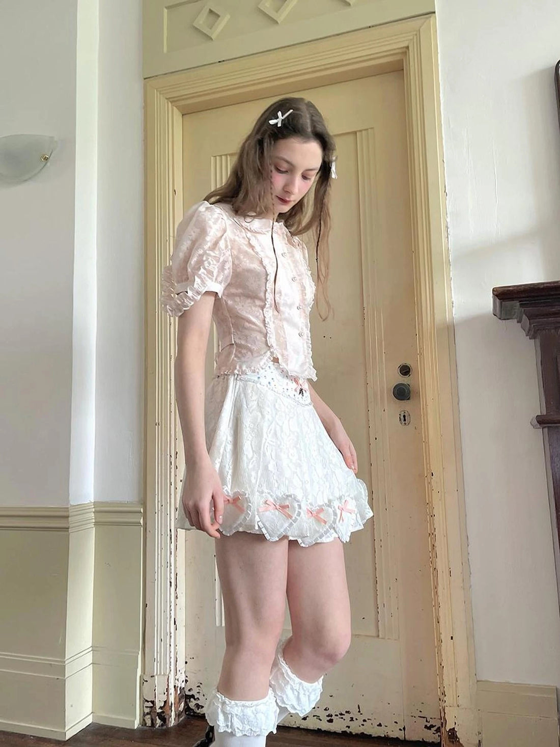 Floral Lace Pleated Mini Skirt With Angel Tears Print