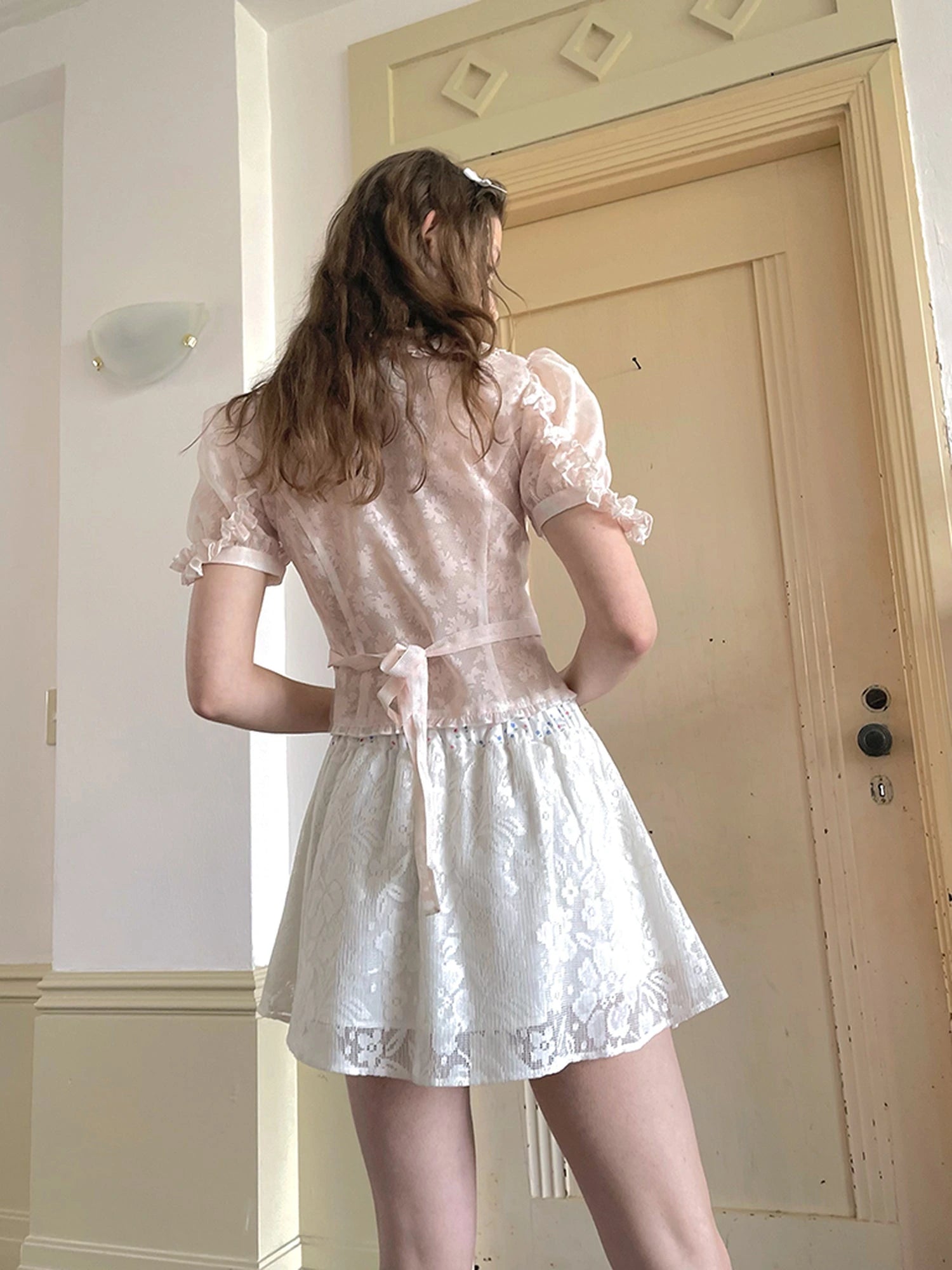 Floral Lace Pleated Mini Skirt With Angel Tears Print